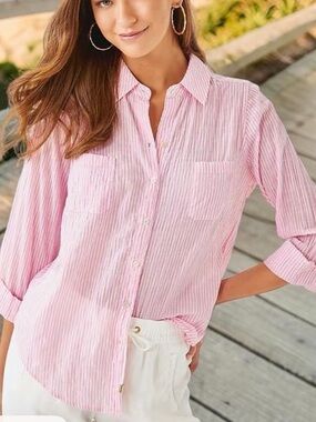 Lilly Pulitzer NWT Pink White Sea View Long sleeve Button Down Shirt Medium